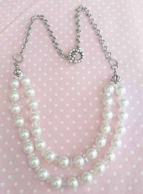 Perrine Necklace, White Shell Pearls With Clear Crystal Beads, Nickel Findings And Chain,Toggl, 44cm