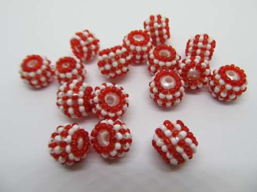 Other beads, Seedbead Covered Beads, Made In India, Red and White, ±12mm, 2pc