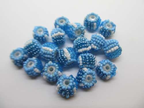 Other beads, Seedbead Covered Beads, Made In India, Turquoise and White, ±12mm, 2pc