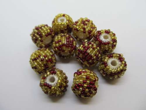 Other beads, Seedbead Covered Beads, Made In India, Dark Red and Gold, ±17mm, 2pc