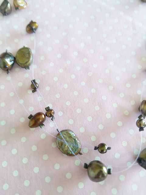 Perrine Necklace, Brown Freshwater Pearl On Gut, 3 Strands, Bronze Lobster Clasp, 46cm + 5cm Ext
