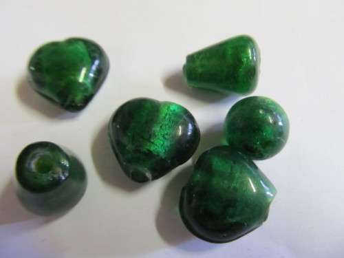 Glass Beads, Foil Mixed, Indian Beads, Green, Shapes Vary, 15mm - 20mm, 4pc