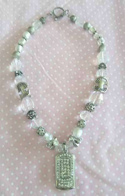Riza Necklace, Clear Crystal Beads + White Foil.. Pendant With Clear Rhinestones, Toggle Clasp, 44cm