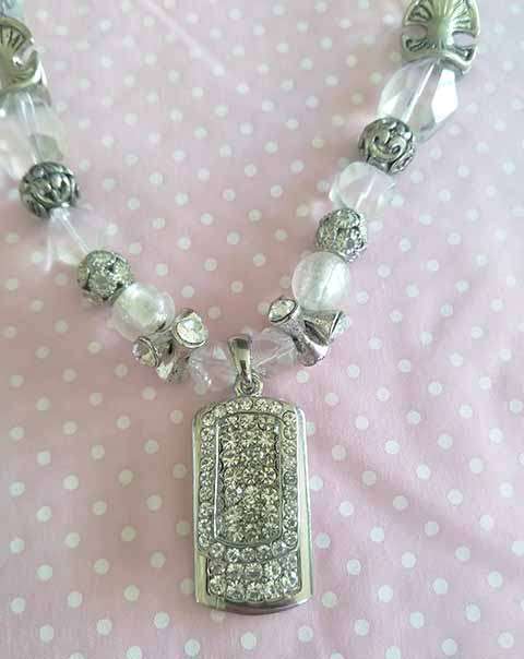 Riza Necklace, Clear Crystal Beads + White Foil.. Pendant With Clear Rhinestones, Toggle Clasp, 44cm