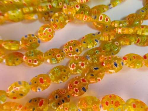 Glass Beads, Fancy, Millefiori, Flat Oval, Flower Design, Tangerine Yellow, 12mm x 10mm, ±32pc