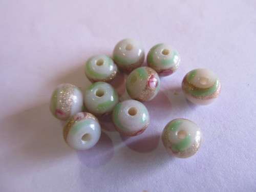 Glass Beads, Fancy, Hand Painted, Round, Lilac And Gold, 5mm - 7mm, 8pc