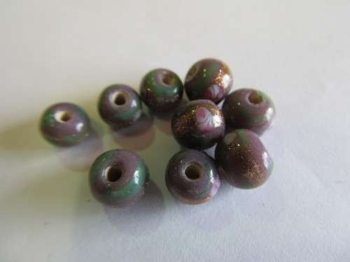 Glass Beads, Fancy, Hand Painted, Round, Purple And Gold, 5mm - 7mm, 8pc