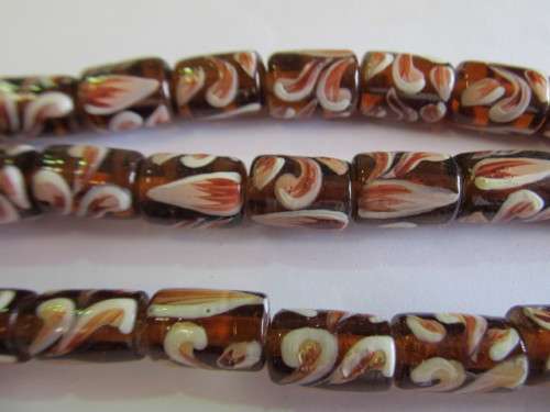 Glass Beads, Fancy, Hand Painted, Tube, Brown, 15mm x 10mm, 4pc