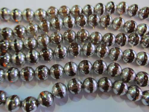 Glass Beads, Fancy, Round, Brown With Silver, 12mm, ±34pc