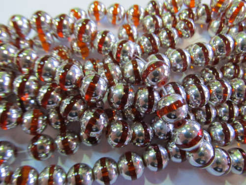 Glass Beads, Fancy, Round, Orange With Silver, 12mm, ±34pc