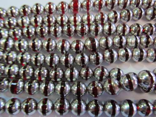 Glass Beads, Fancy, Round, Red With Silver, 14mm, ±30pc