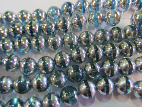 Glass Beads, Fancy, Round, Blue With Silver, 14mm, ±30pc