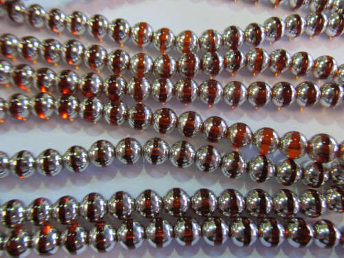 Glass Beads, Fancy, Round, Orange With Silver, 8mm, ±52pc