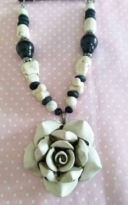 Simone Necklace, Cream Howlite Beads, Black Shell Pearls And Small Black Wooden...Toggle Clasp, 46cm