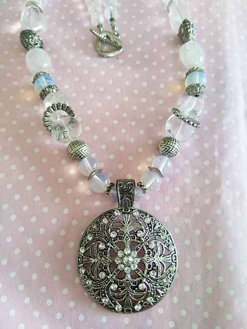 Simone Necklace, Clear Quartz, Moonstone And Clear Crystal Beads, Nickel......... Toggle Clasp, 46cm