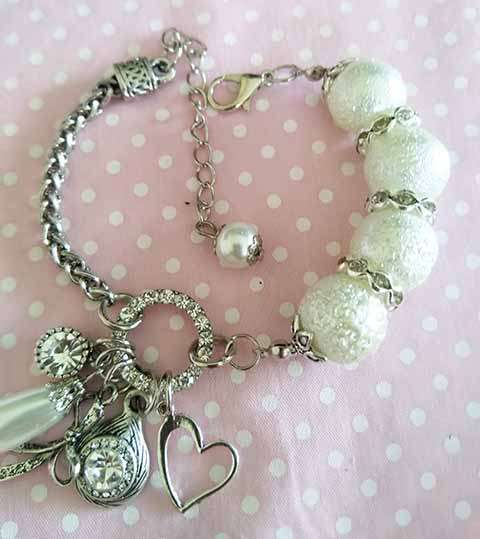 Perrine Bracelets, White Glass Pearls With Rondals, Nickel Snake Chain And Charms....Lobster Clasp..