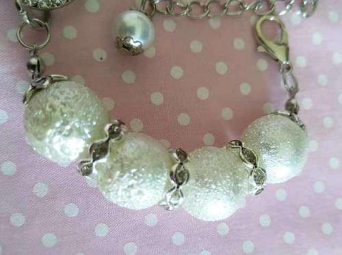 Perrine Bracelets, White Glass Pearls With Rondals, Nickel Snake Chain And Charms....Lobster Clasp..