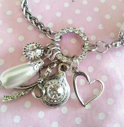 Perrine Bracelets, White Glass Pearls With Rondals, Nickel Snake Chain And Charms....Lobster Clasp..