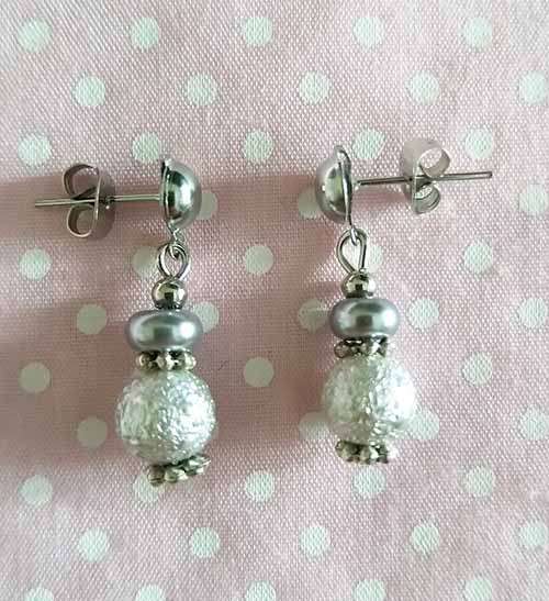 Perrine Earrings, Grey Glass Pearls On Nickel Studs, 25mm, 2pc