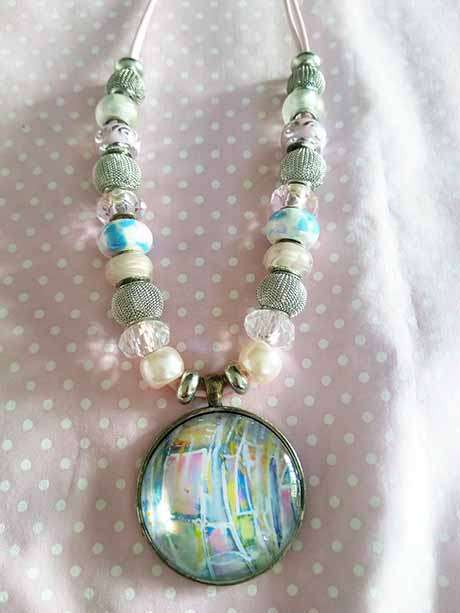 Burtell Necklace, Blue And Pink Pendant With Pandora Style Beads On Pink Leather, Toggle Clasp, 44cm