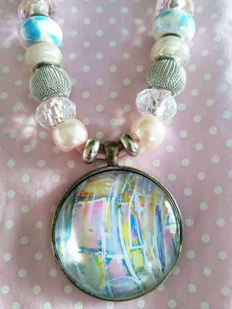 Burtell Necklace, Blue And Pink Pendant With Pandora Style Beads On Pink Leather, Toggle Clasp, 44cm
