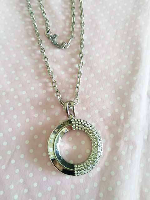 Riza Necklace, Round Nickel Pendant With Clear Rhinestones, Nickel, Lobster Clasp, 46cm With 5cm Ext