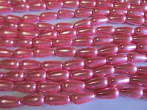 Glass Pearls, Teardrop, Shiny Pink, 8mm x 16mm, ±20pc