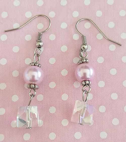 Perrine Earrings, Pink Glass Pearls And Clear Crystal Beads, Nickel Shepherds Hook, 48mm, 2pc