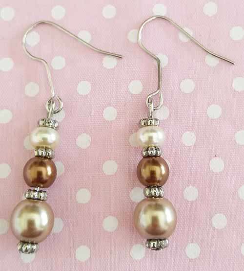 Perrine Earrings, Shades Of Brown Glass Pearls, Nickel Findings And Shepherds Hook, 43mm, 2pc