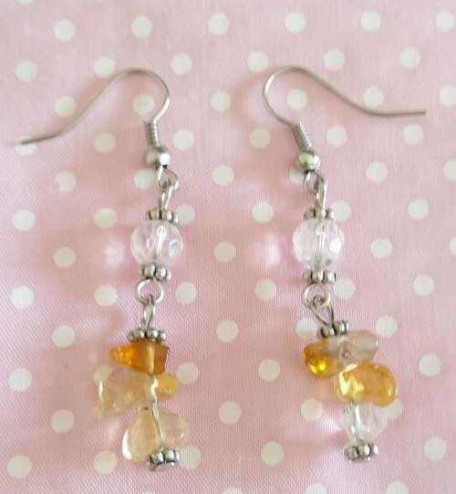 Simone Earrings, Citrine Chips and Clear Crystal Beads, Nickel Findings, 52mm Long, 2pc