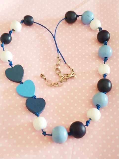 Cheri Necklace, Wooden Beads On Leather, Shades Of Blue And White, Toggle Clasp, 70cm and 5cm Ext