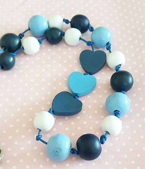 Cheri Necklace, Wooden Beads On Leather, Shades Of Blue And White, Toggle Clasp, 70cm and 5cm Ext