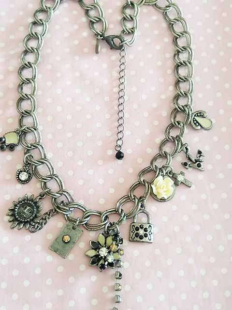 Mistique Necklace, Pewter Coloured Chain With Beige and Black Charms, Lobster Clasp, 40cm + 5cm