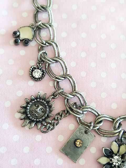 Mistique Necklace, Pewter Coloured Chain With Beige and Black Charms, Lobster Clasp, 40cm + 5cm