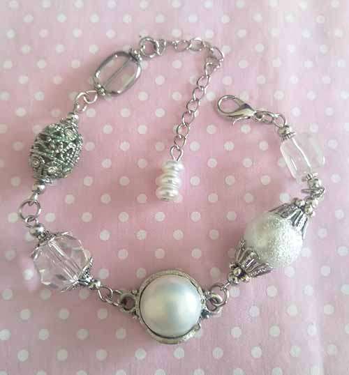 Perrine Bracelets, White Glass Pearl With Clear Quartz and Crystal Beads, Faux Pearl Center