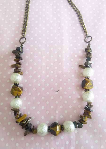 Necklace, Tiger Eye Chips and Beads With Beige Glass Pearls, Bronze Chain, Toggle Clasp, 46cm