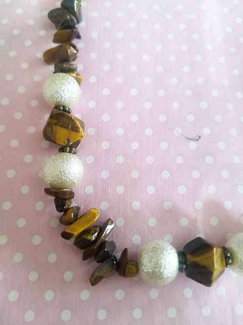Necklace, Tiger Eye Chips and Beads With Beige Glass Pearls, Bronze Chain, Toggle Clasp, 46cm