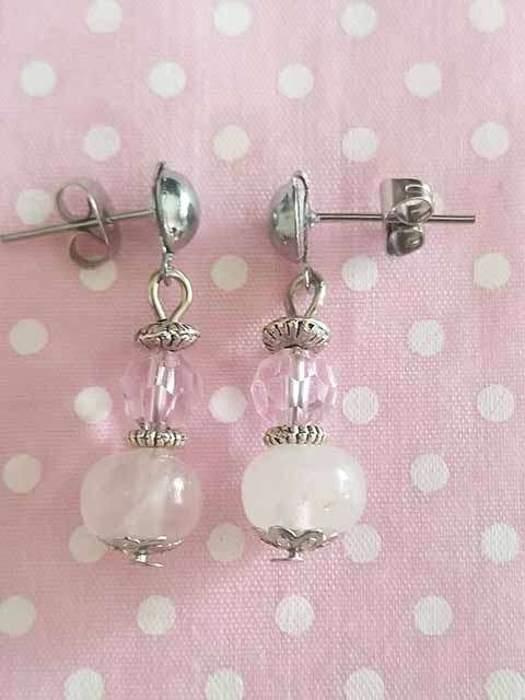 Simone Earrings, Rose Quartz and Pink Crystal Beads, Nickel Studs, 28mm