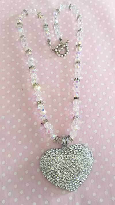 Cristia Necklace, Clear AB Facetted Crystal Beads, Rhinestone Heart Pendant, Toggle Clasp, 46cm, 1pc