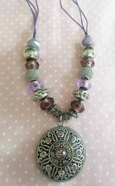 Mistique Necklace, Purple And Nickel Pandora Style Beads On Purple Wax Cord, 52mm