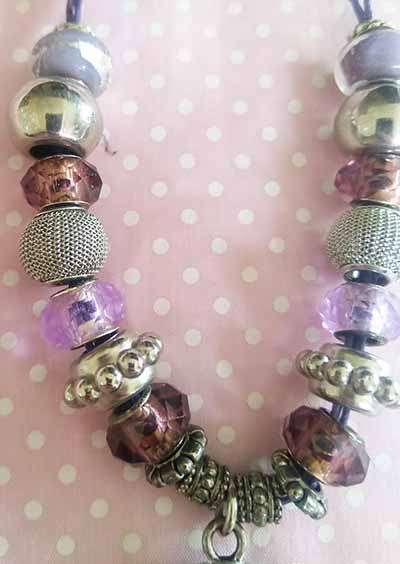 Mistique Necklace, Purple And Nickel Pandora Style Beads On Purple Wax Cord, 52mm