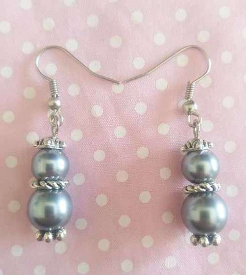 Perrine Earrings, Grey Glass Pearls With Nickel Findings, Shepherds Hook, 43mm, 2pc