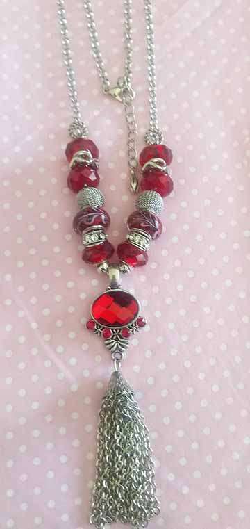 Riza Necklace, Red Pandora Style Beads With Nickel Spacers And Rondals, Lobster Clasp, 44cm + 5cm