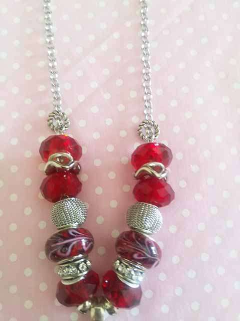 Riza Necklace, Red Pandora Style Beads With Nickel Spacers And Rondals, Lobster Clasp, 44cm + 5cm