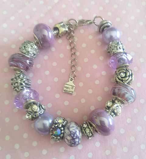 Mistique Bracelet, Purple And Nickel Pandora Style Beads, Lobster Clasp, 20cm With 5cm Ext, 1pc