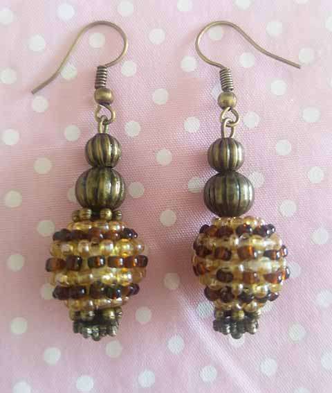 Cheri Earrings, Shades Of Brown Seedbead Covered Beads With Bronze Findings, 48mm, 2pc