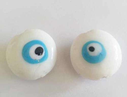Glass Beads, Hand Crafted, Flat Round, Eye Beads, White, 25mm x 12mm, 2pc