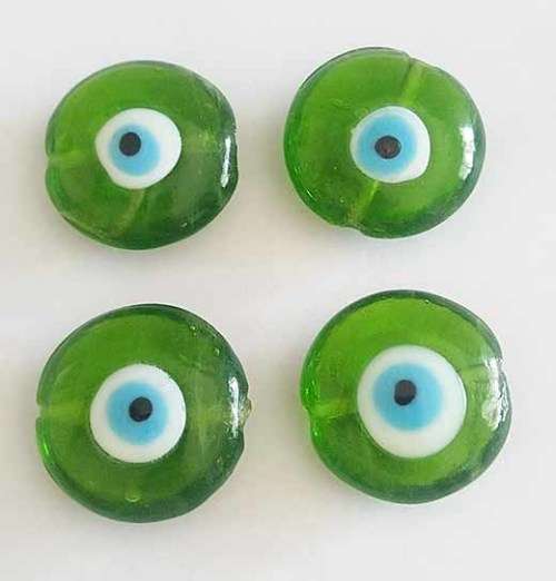 Glass Beads, Hand Crafted, Flat Round, Eye Beads, Green, 25mm x 12mm, 2pc