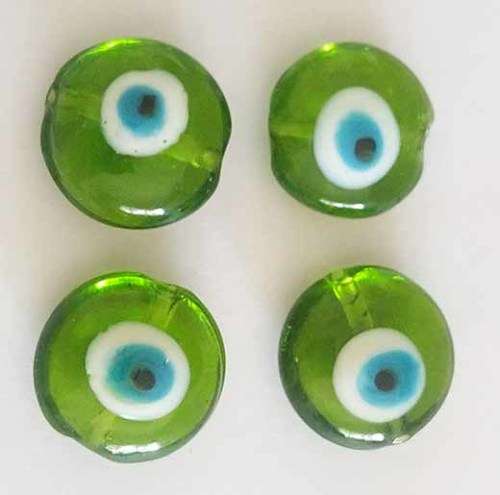 Glass Beads, Hand Crafted, Flat Round, Eye Beads, Green, 20mm x 11mm, 2pc