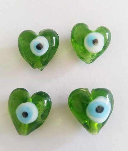 Glass Beads, Hand Crafted, Heart, Eye Beads, Green, 14mm, 2pc